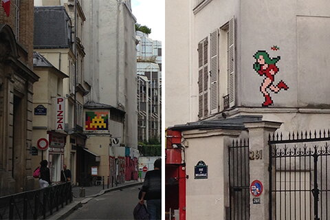 Split image of pixel art on buildings