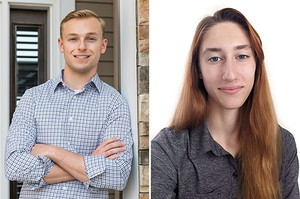 Left: blond student in checkered shirt smiling with his arms crossed. Right: smiling, long-haired student in a gray shirt 