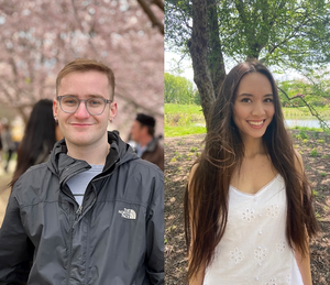 Left: smiling young man in glasses and a gray jacket. Right: smiling young woman in a white dress.