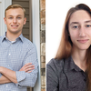 Left: blond student in checkered shirt smiling with his arms crossed. Right: smiling, long-haired student in a gray shirt 