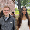 Left: smiling young man in glasses and a gray jacket. Right: smiling young woman in a white dress.