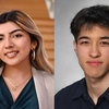 Smiling young woman in business attire on left; smiling young man in dark shirt on right